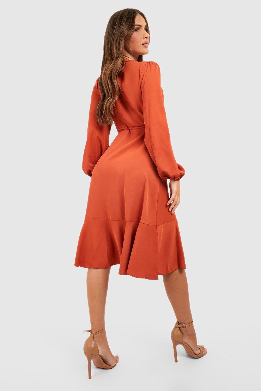 Crepe ruffle wrap shop midi skater dress