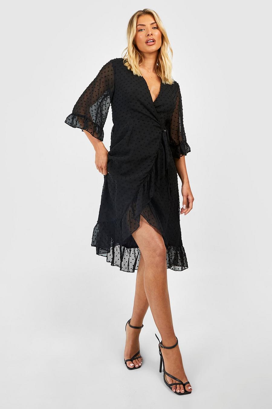 Black Dobby Chiffon Wide Sleeve Midi Wrap Dress image number 1