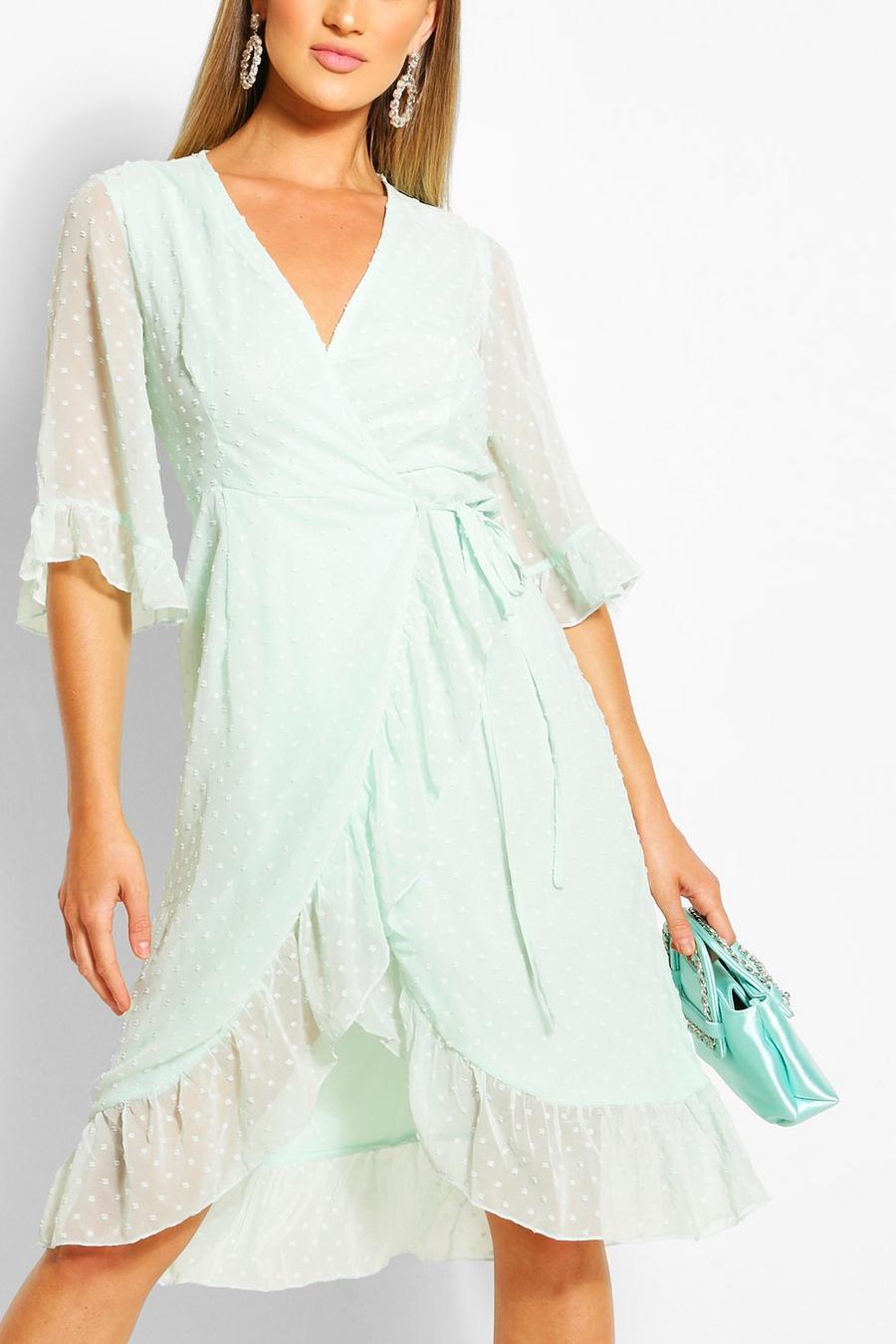 Mint Dobby Chiffon Wide Sleeve Midi Wrap Dress image number 1