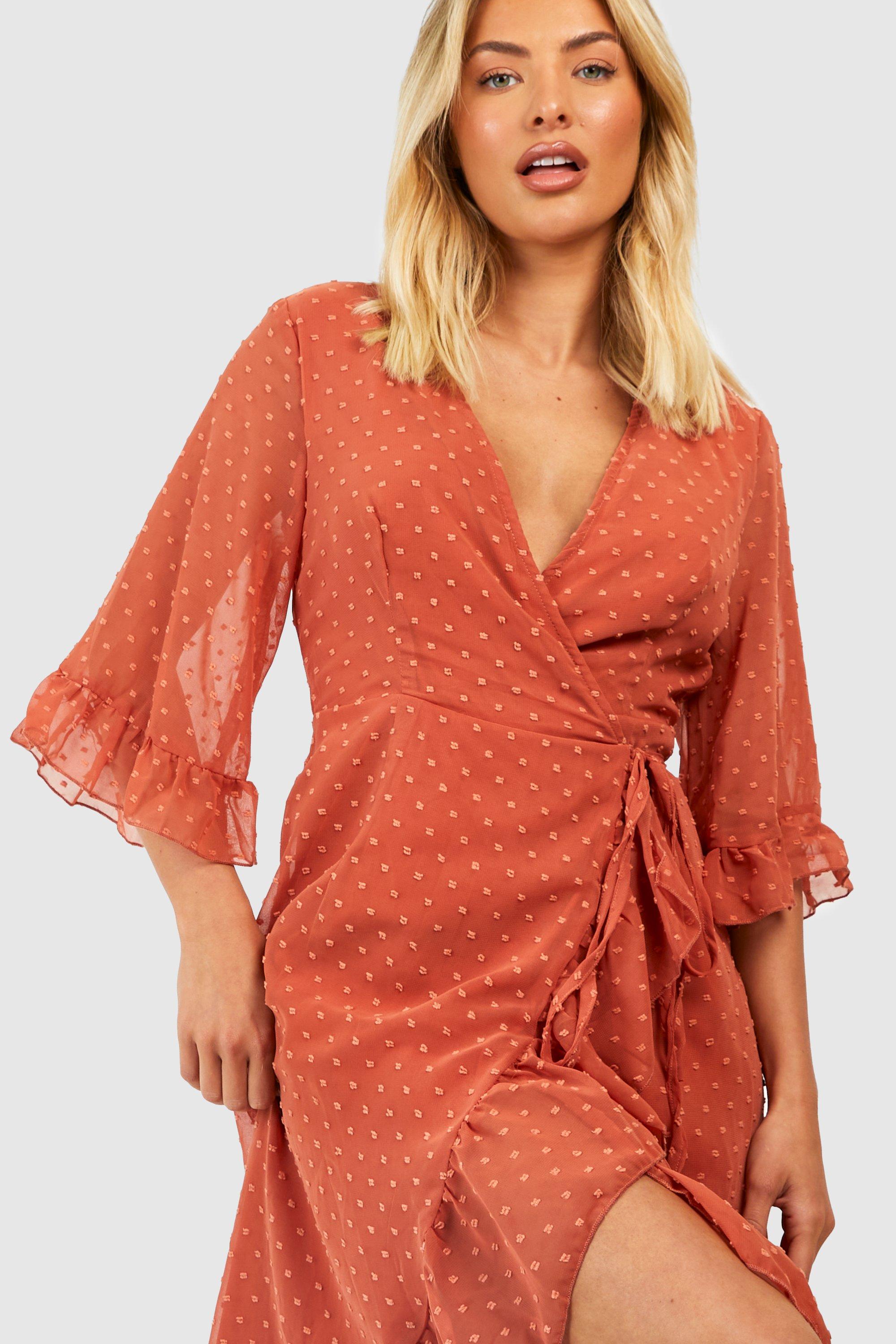 Rust polka hotsell dot wrap dress