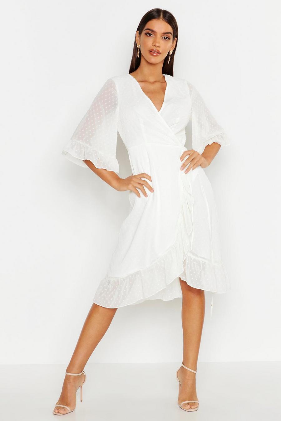 White שמלת מידי מעטפת משיפון דובי עם שרוולים רחבים image number 1