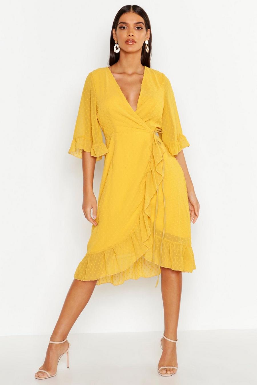 Yellow Dobby Chiffon Wide Sleeve Midi Wrap Dress image number 1