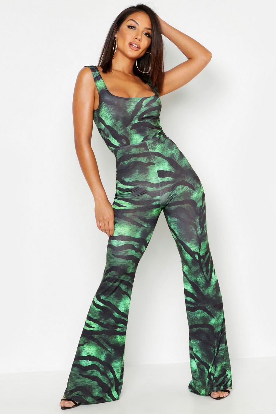 Jumpsuit aus glänzendem Jersey mit Karree-Ausschnitt und Tiger-Print, Grün image number 1
