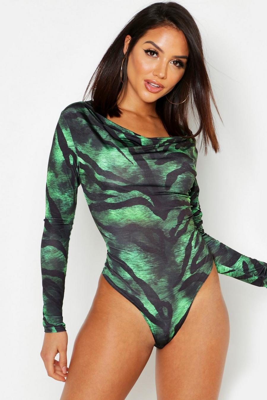 Slinky Tiger Print Cowl Neck Bodysuit image number 1