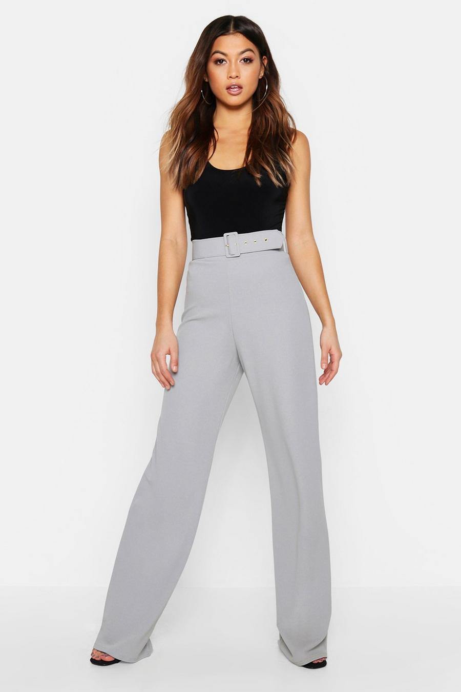 Grey High Waisted Belted Trousers image number 1