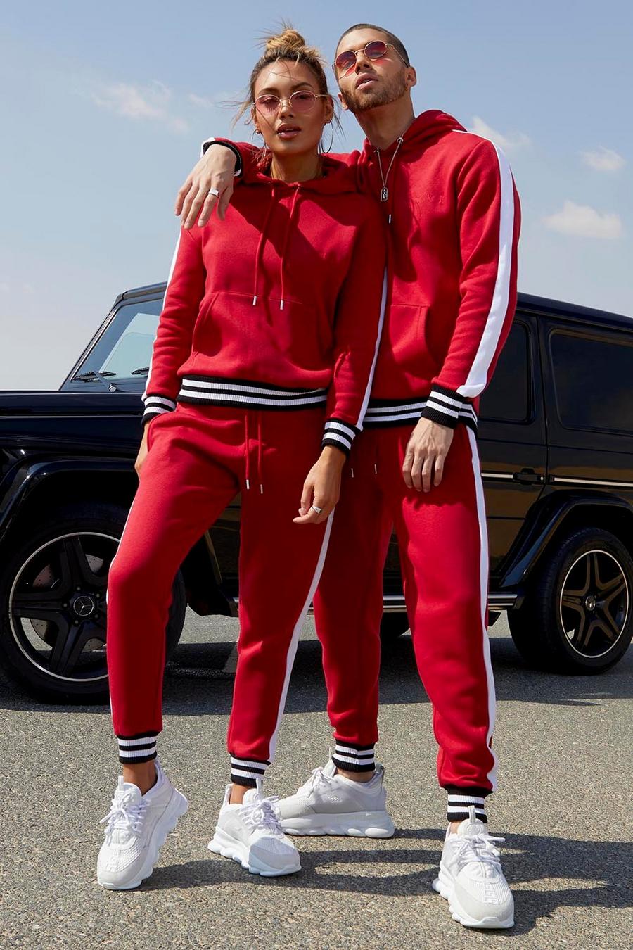 Red Her Side Panel Contrast Rib Hooded Tracksuit image number 1