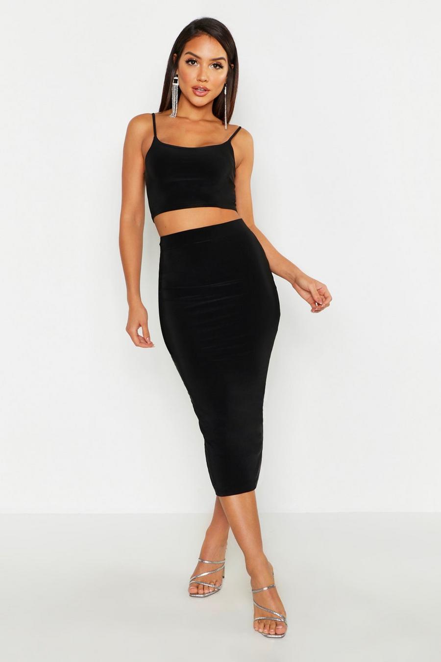 Black Double Layer Slinky Midaxi Skirt