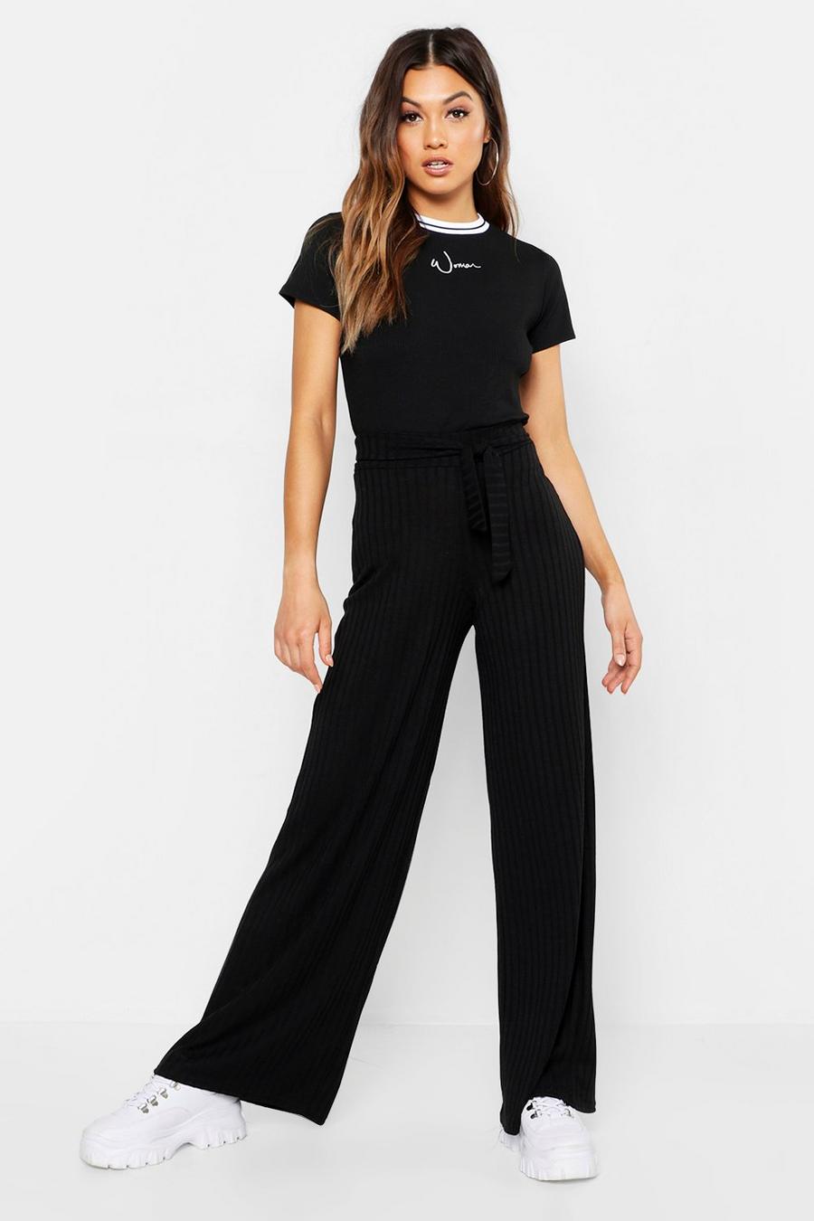 Knitted Rib Tie Waist Wide Leg Pants image number 1
