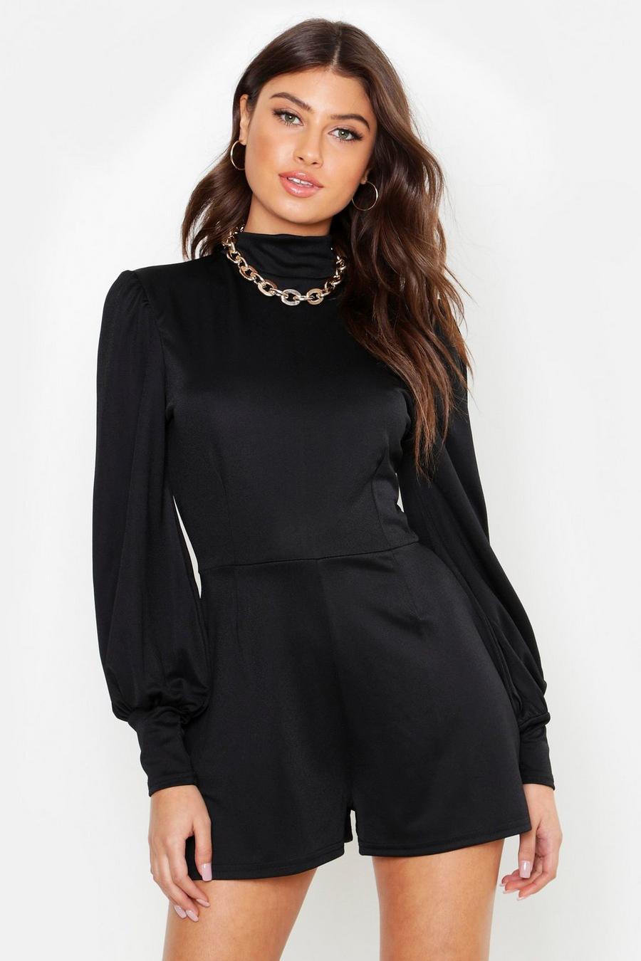 Black High Neck Ruched Sleeve Playsuit