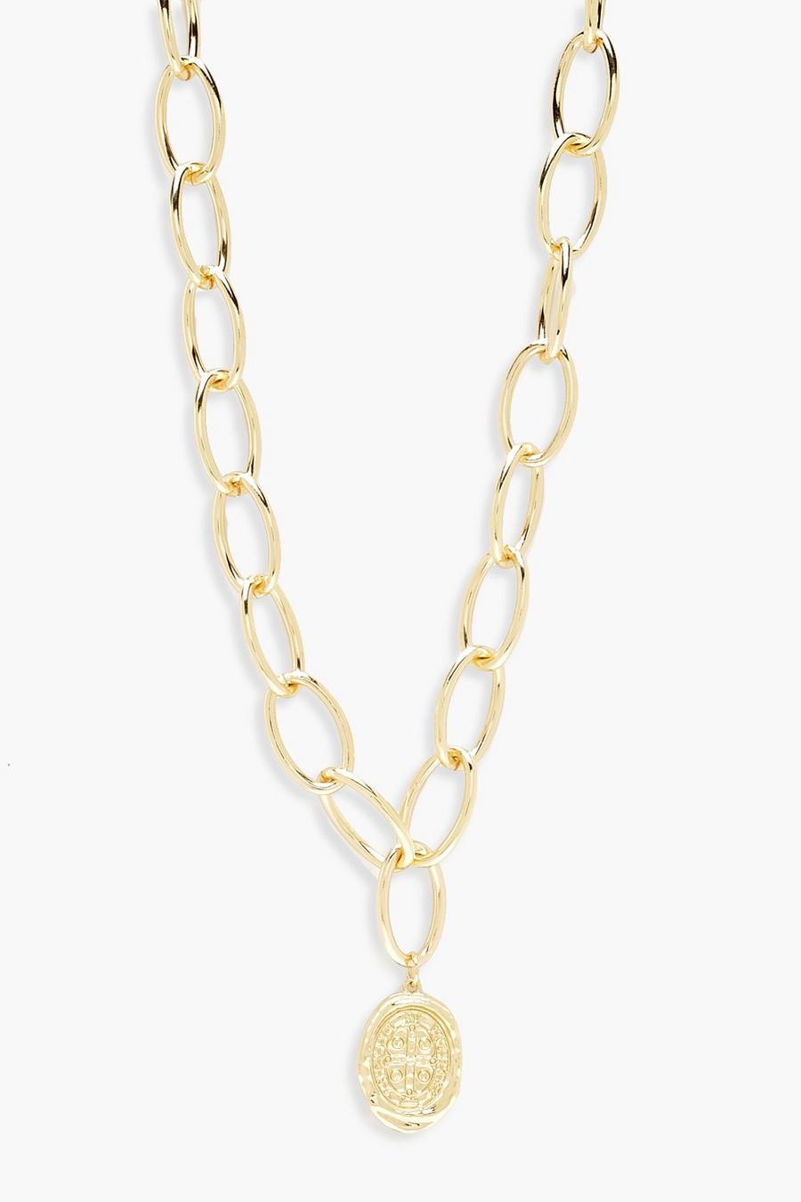 Gold metallic Oval Coin Linked Chunky Chain Necklace image number 1