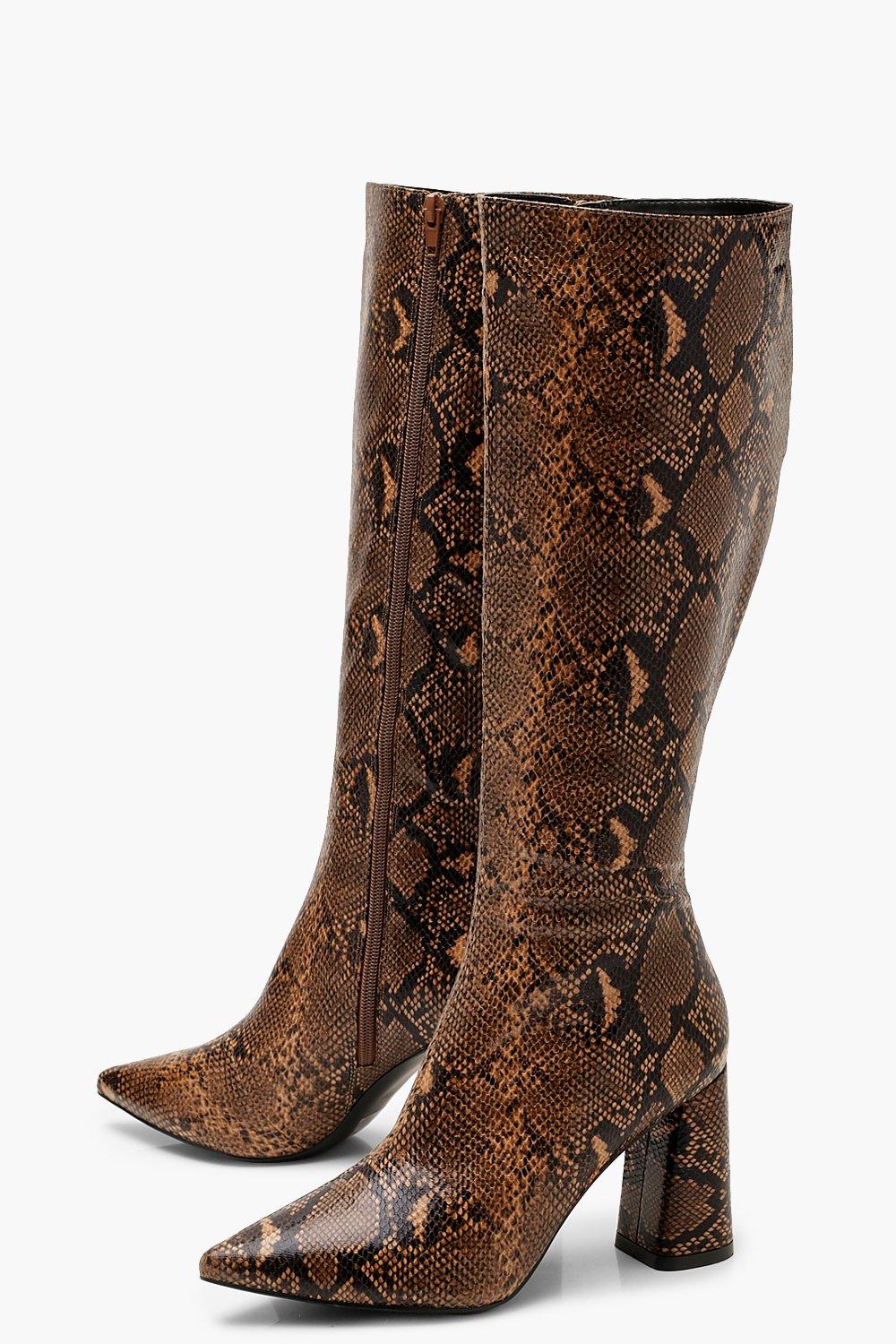 RAID Wide Fit Brayden stiletto knee boots in tan snake print