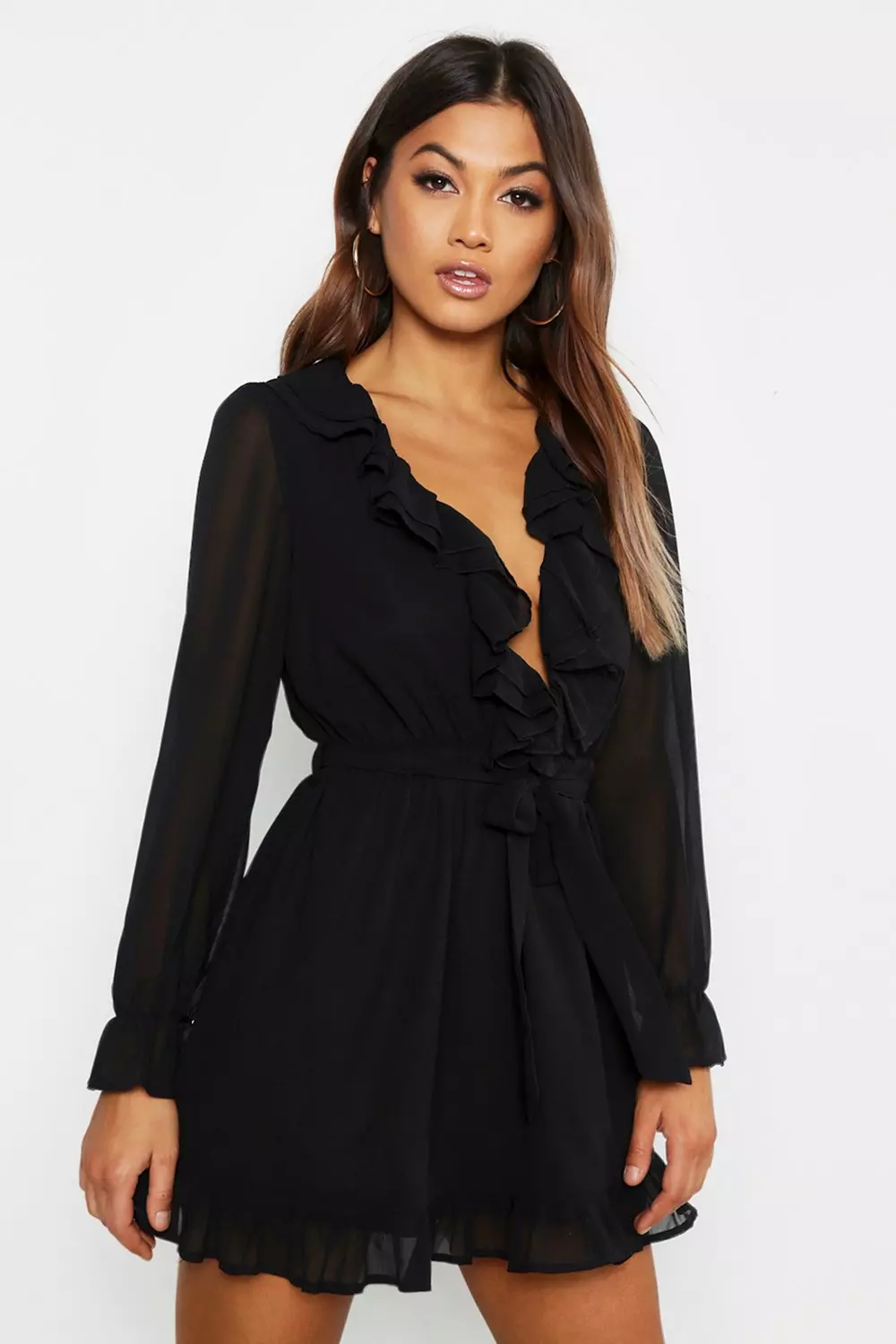 Boohoo black ruffle on sale dress