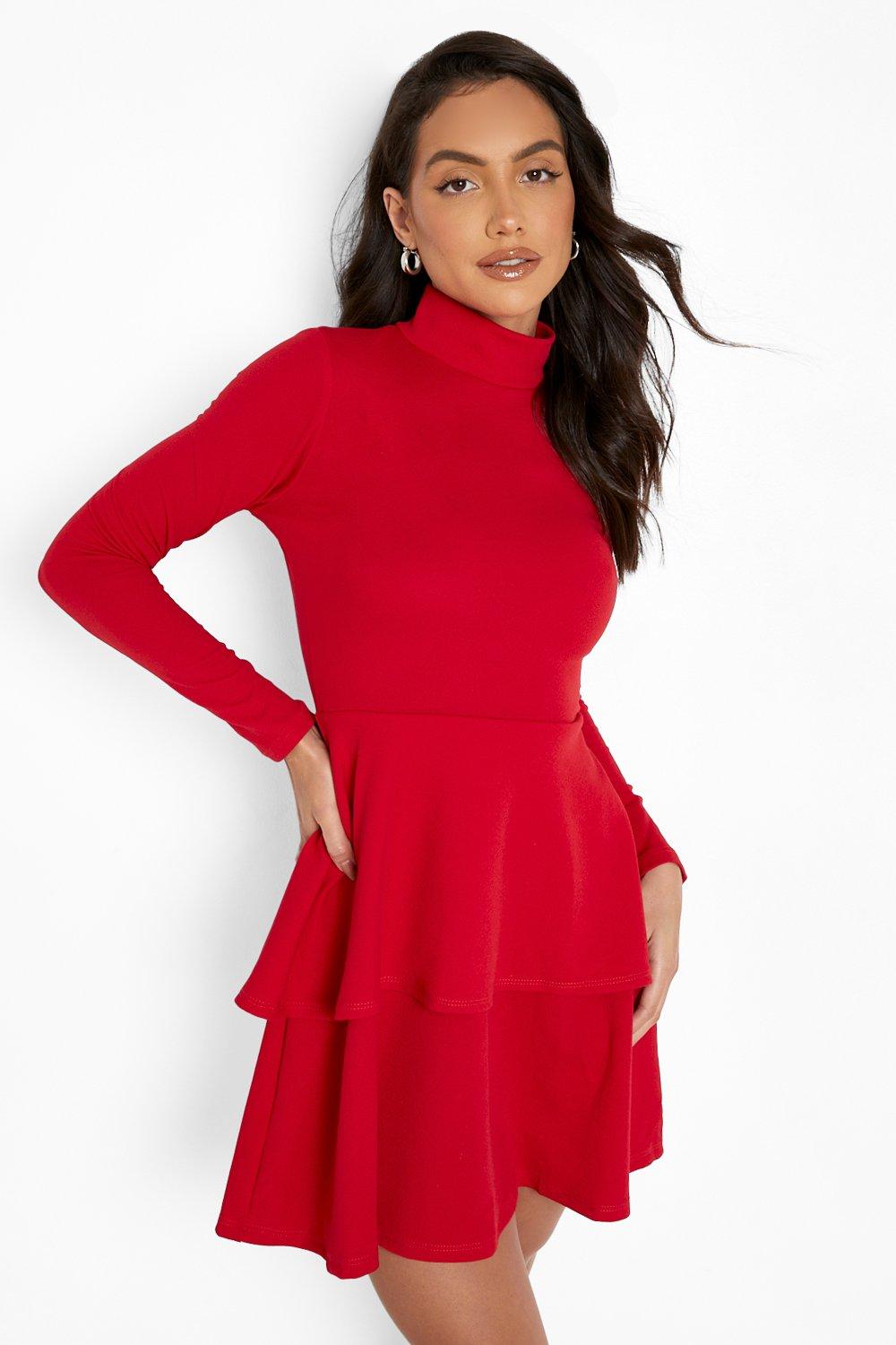 boohoo red long sleeve dress