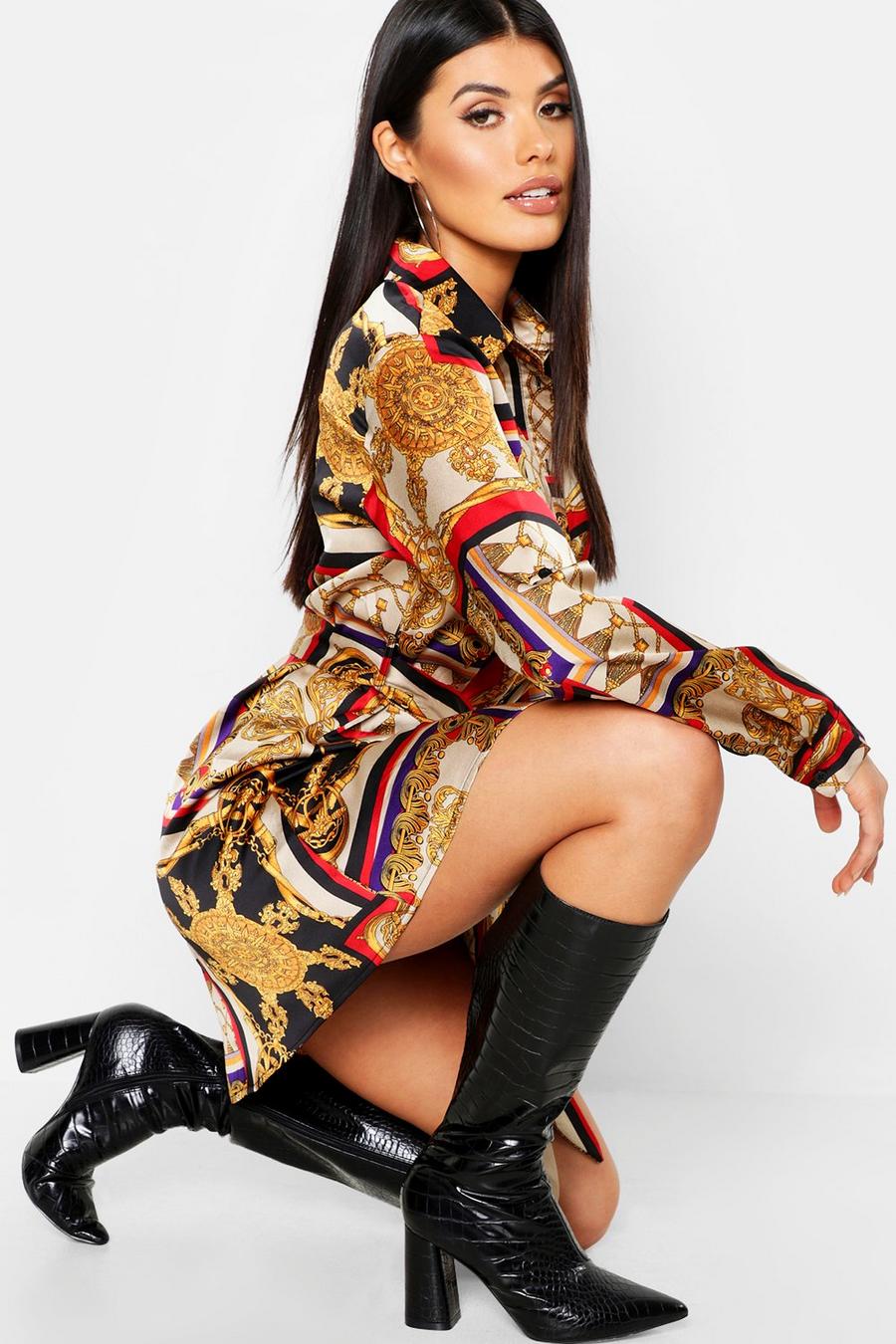 Satin Chain Print Belted Shirt Dress image number 1