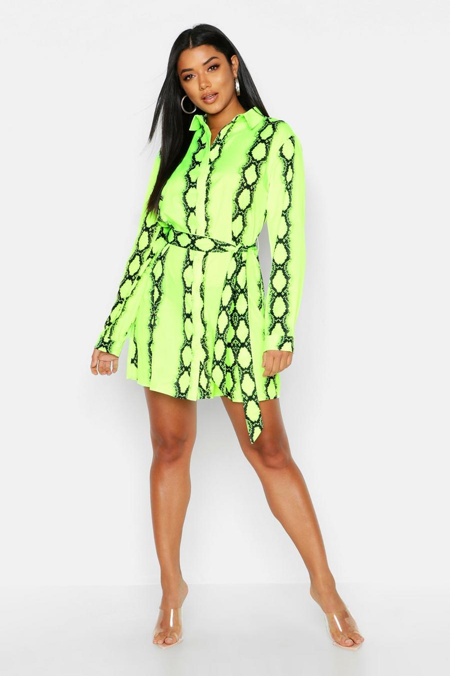 Neon Lime Snake Print Belted Shirt Dress image number 1