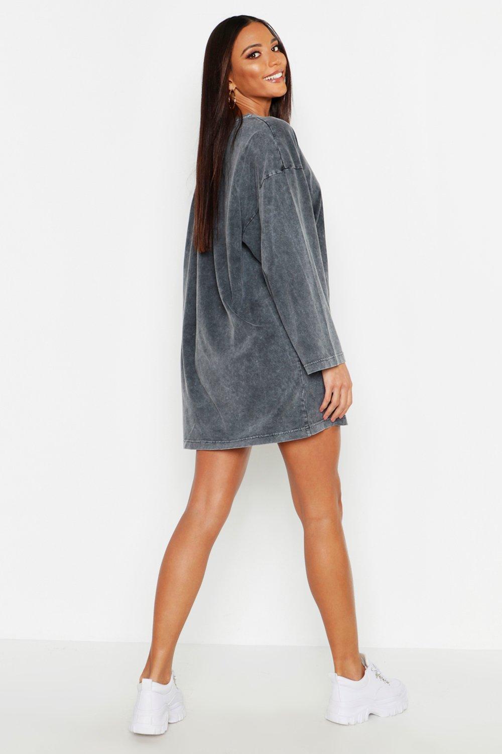 Long Sleeve Washed Oversized T Shirt Dress