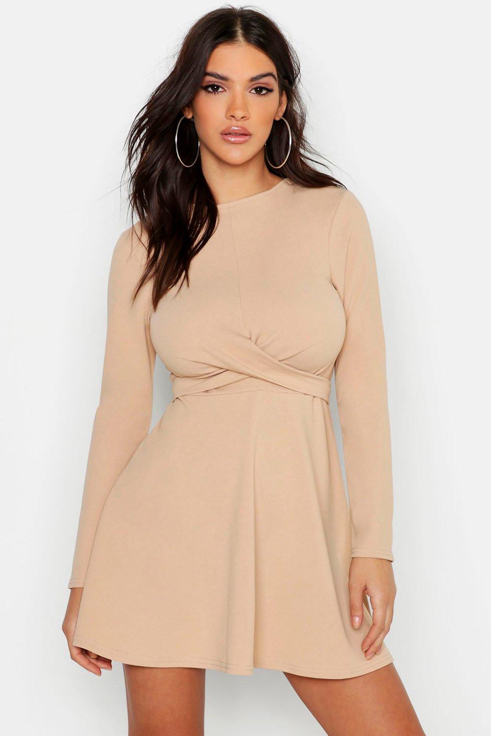 long sleeve wrap skater dress