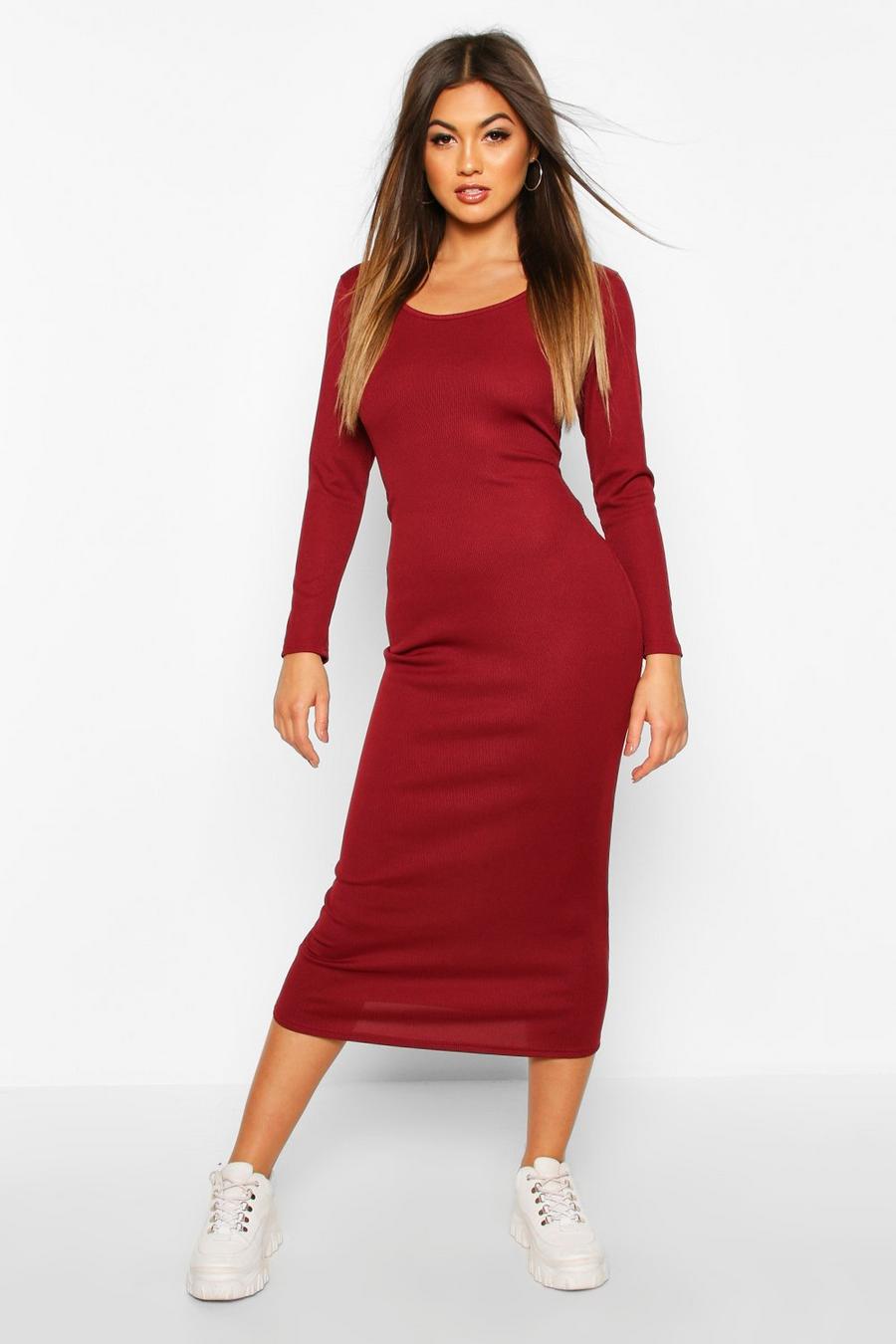 Berry Scoop Neck Long Sleeve Ribbed Midaxi Dress image number 1