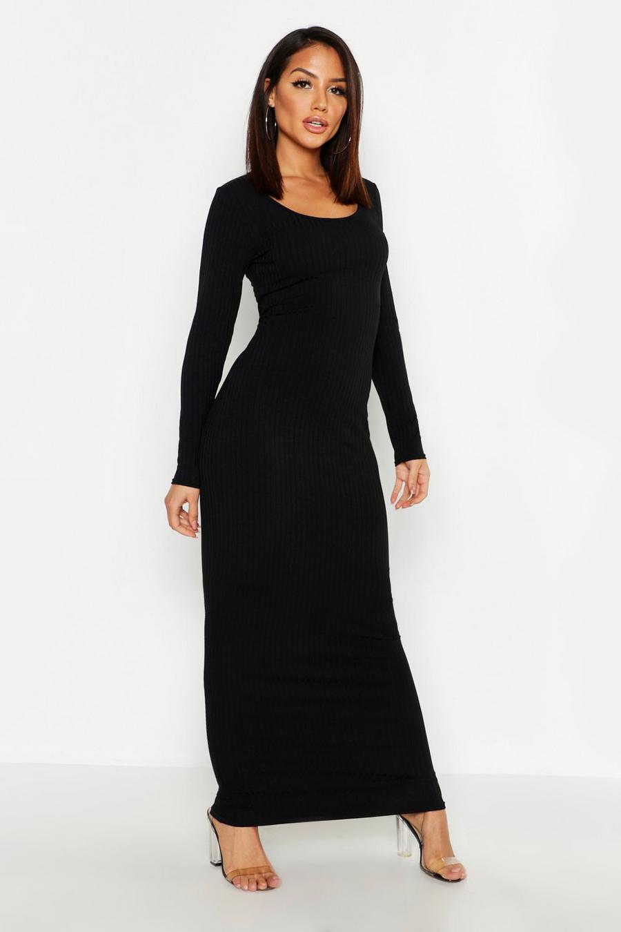 Black Long Sleeve Scoop Neck Ribbed Maxi Dress image number 1