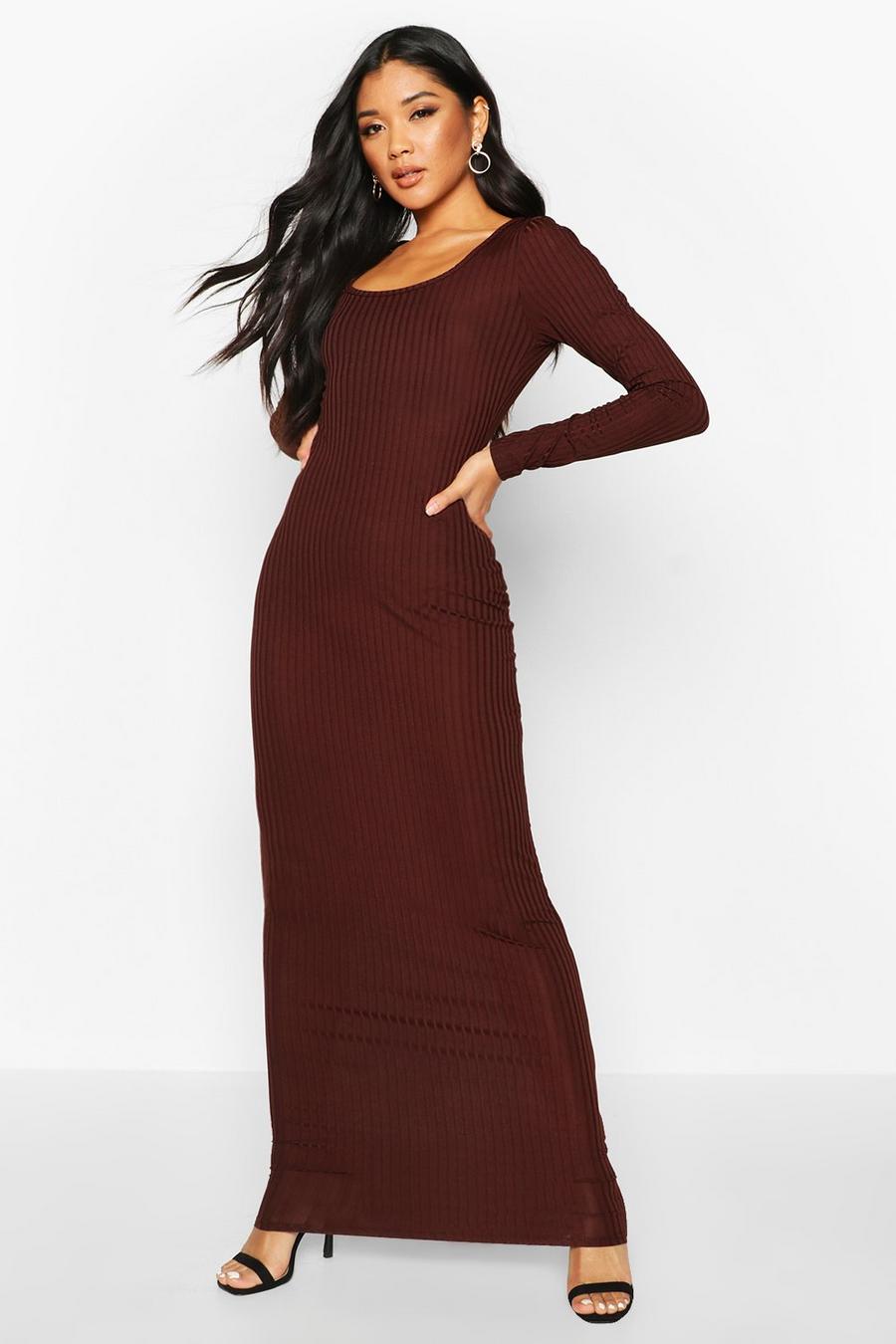 Chocolate Long Sleeve Scoop Neck Ribbed Maxi Dress image number 1