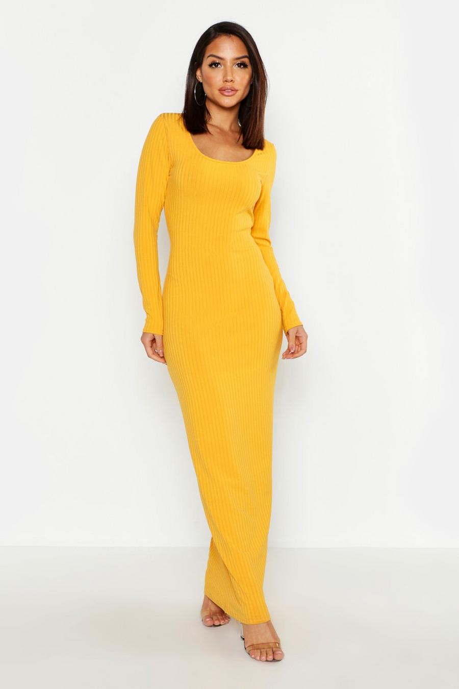 Mustard Long Sleeve Scoop Neck Ribbed Maxi Dress image number 1