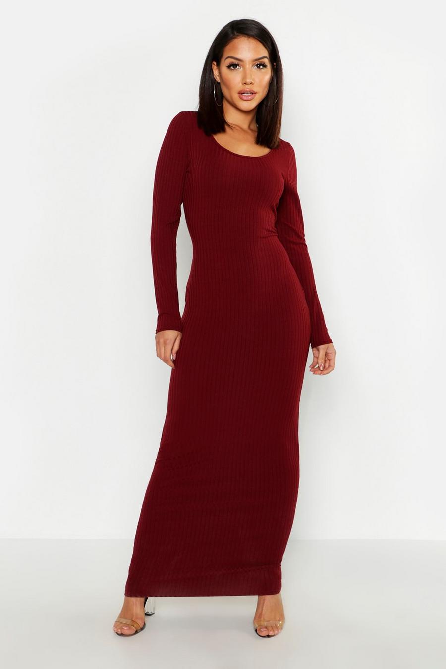 Wine Long Sleeve Scoop Neck Ribbed Maxi Dress image number 1