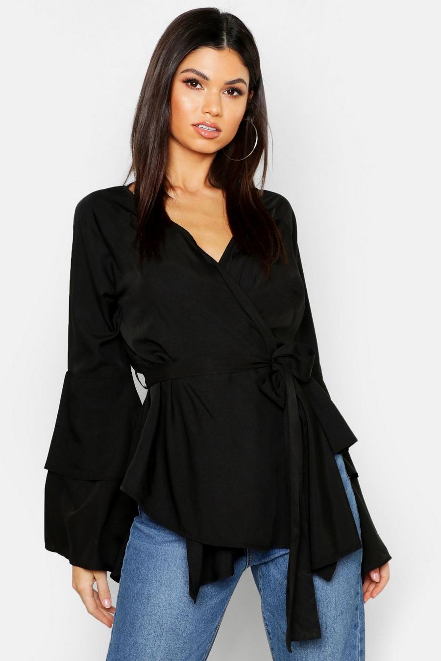 Black Tie Waist Frill Sleeve Wrap Blouse image number 1