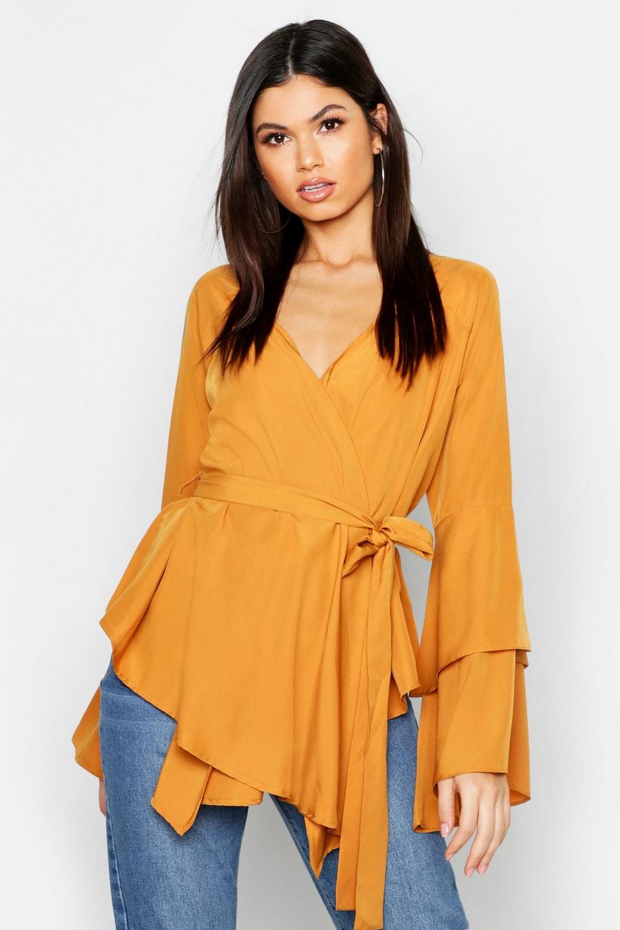 Mustard Tie Waist Frill Sleeve Wrap Blouse image number 1