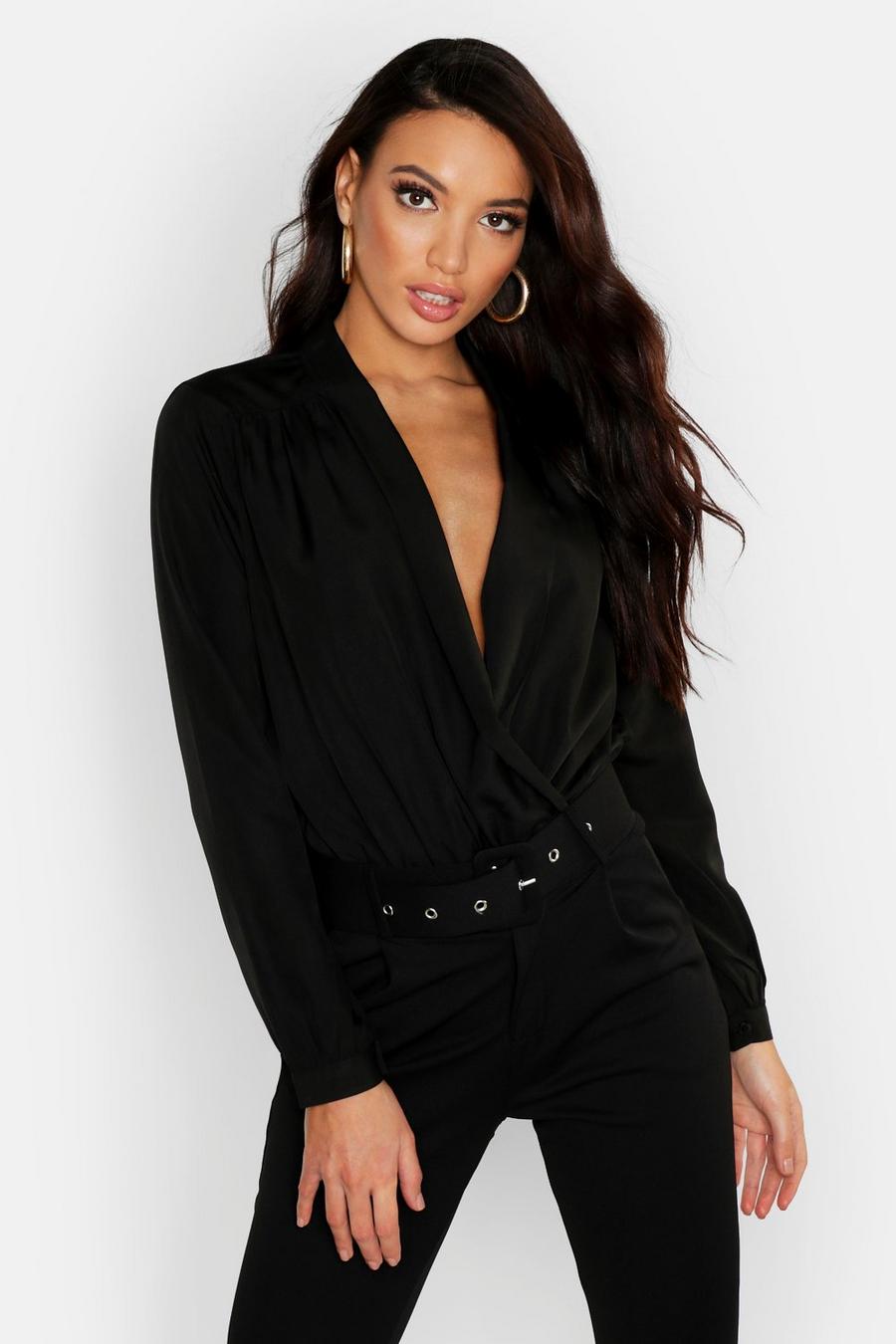 Black Woven Wrap Bodysuit