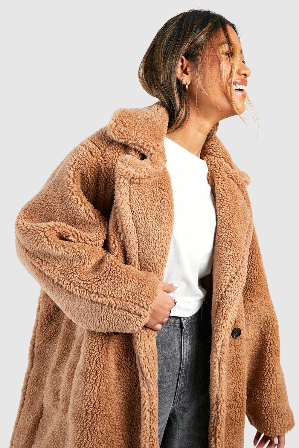 Camel teddy coat uk sale