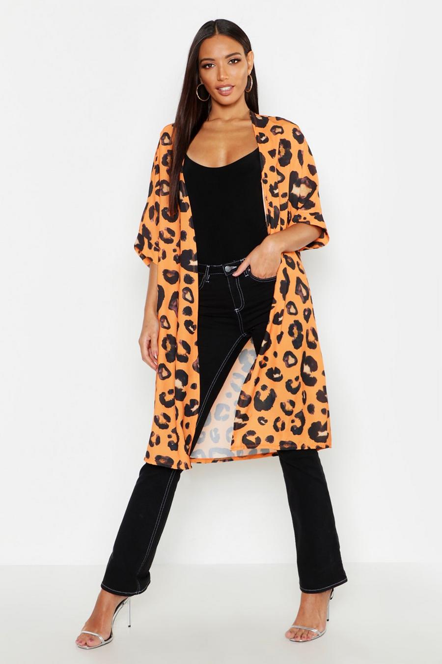 Kimono lunghezza media con stampa leopardata, Arancio image number 1