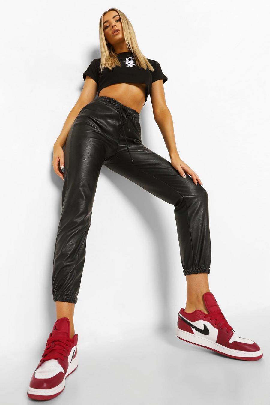 Black Faux Leather Slim Fit Joggers image number 1