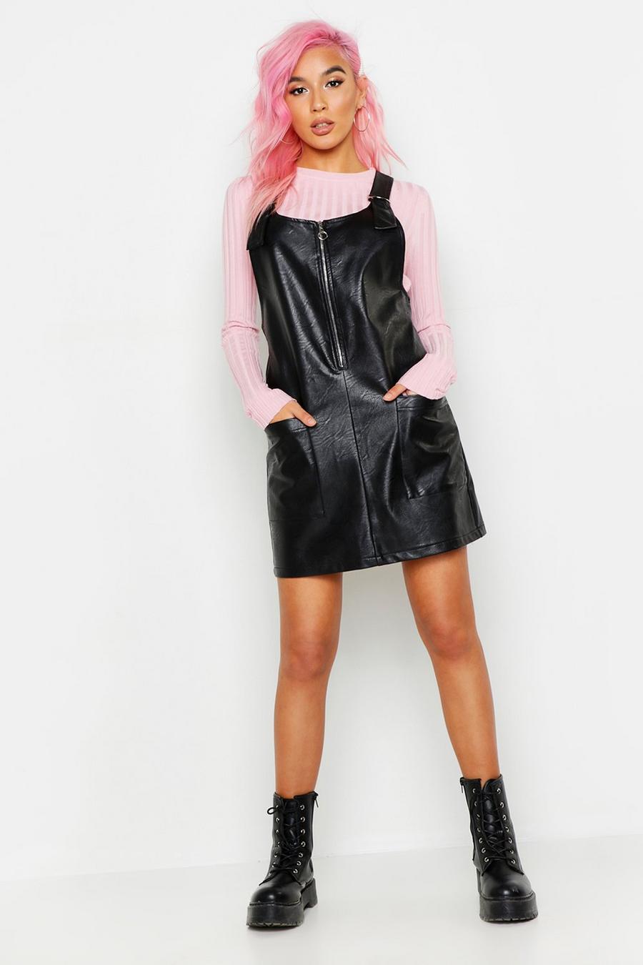 Black Faux Leather Pocket Pinafore Dress image number 1