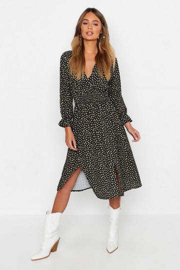 Boho Bloemenprint Midi Jurk Met Split zwart