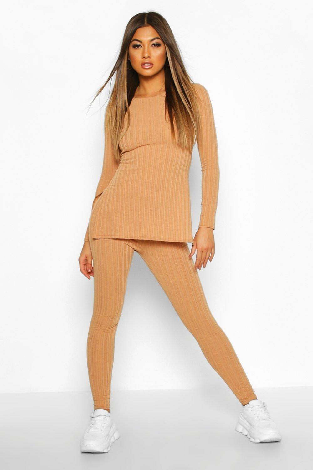 Ribbed Leggings And Crop Top Co Ord Set Beige