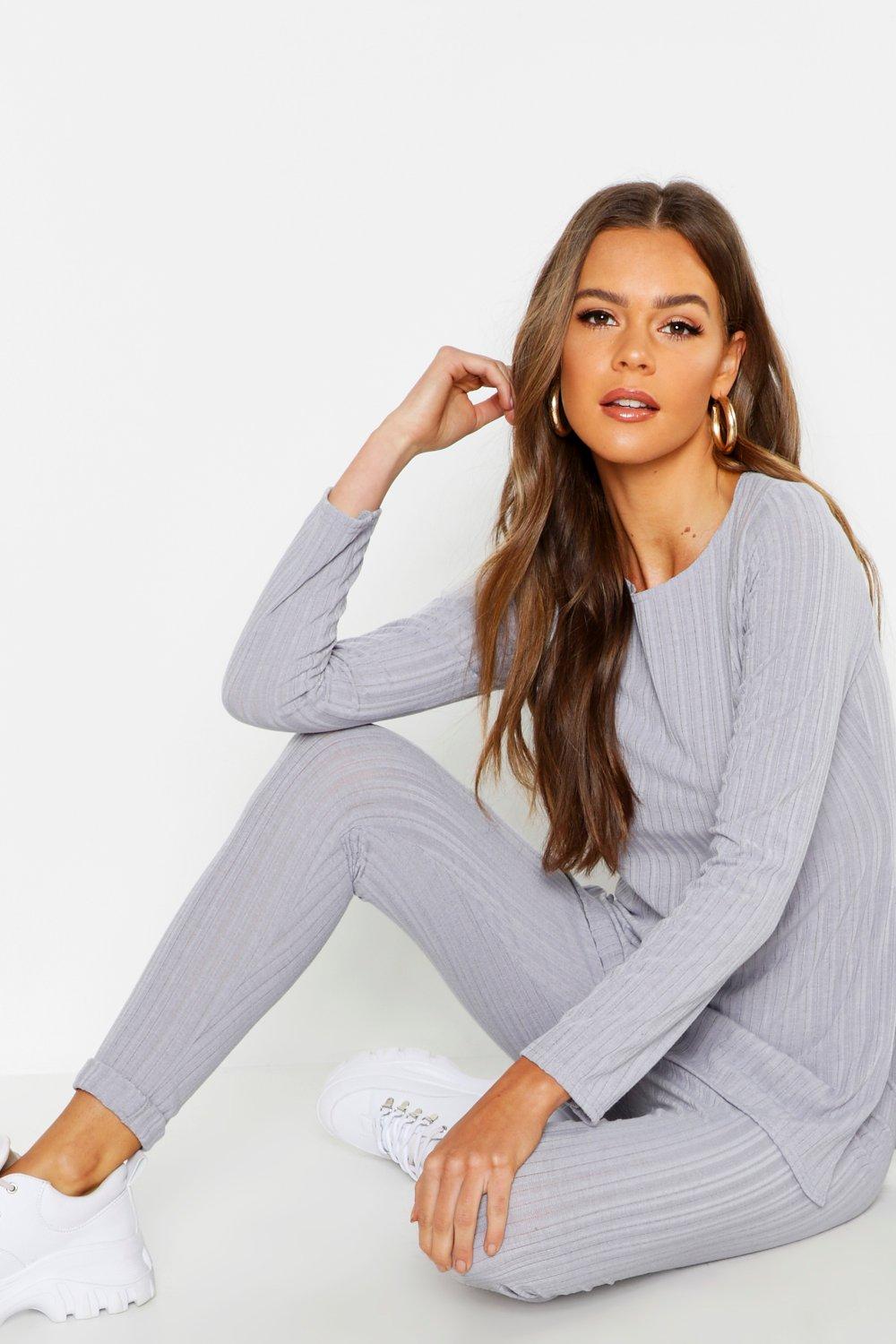 Buy Missguided Crop Legging Rib Lounge Set - Grey