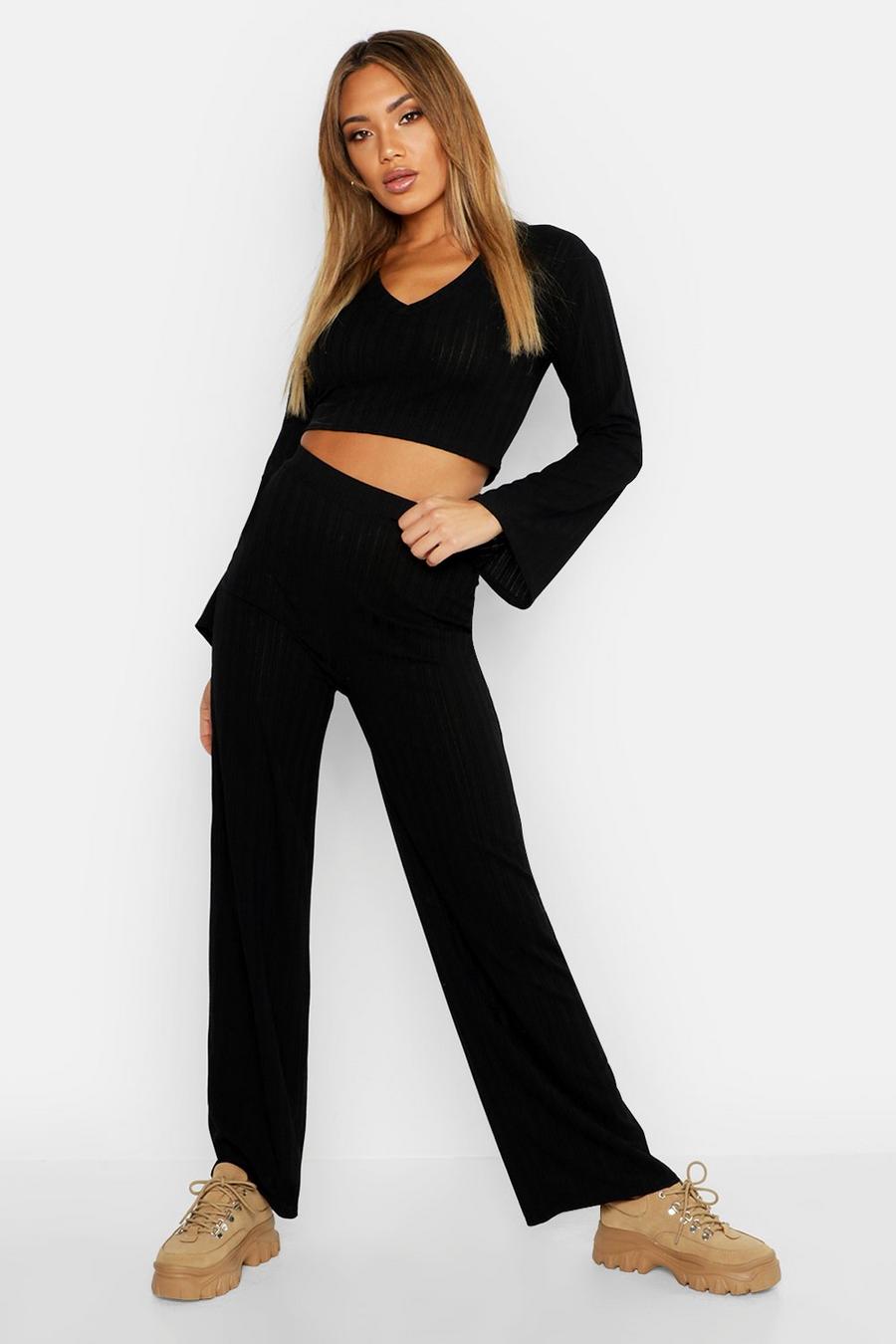 Set aus Crop Top mit V-Ausschnitt und gerippter Hose mit weitem Bein image number 1