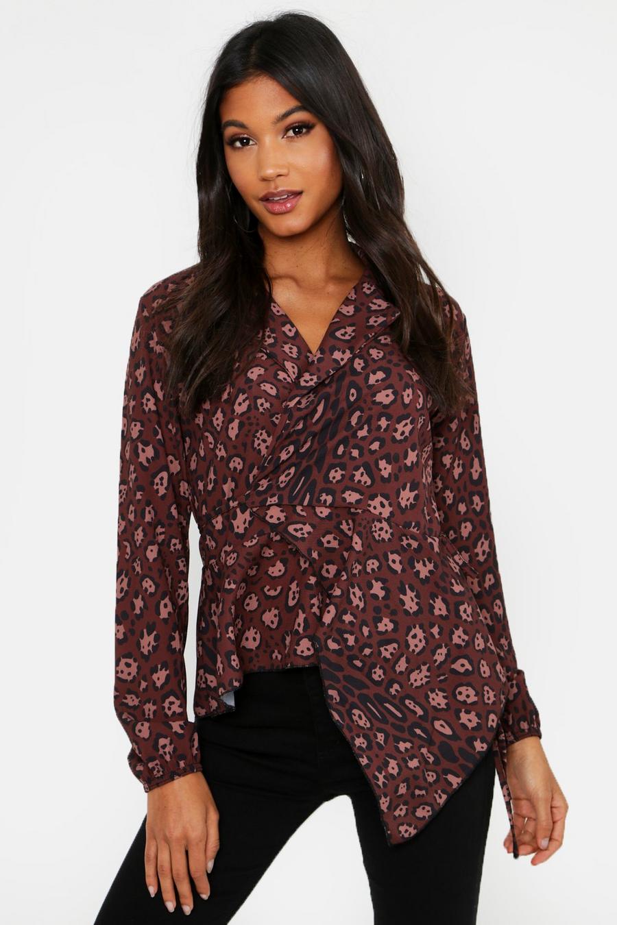 Leopard Print Tie Wrap Ruffle Long Sleeve Blouse image number 1