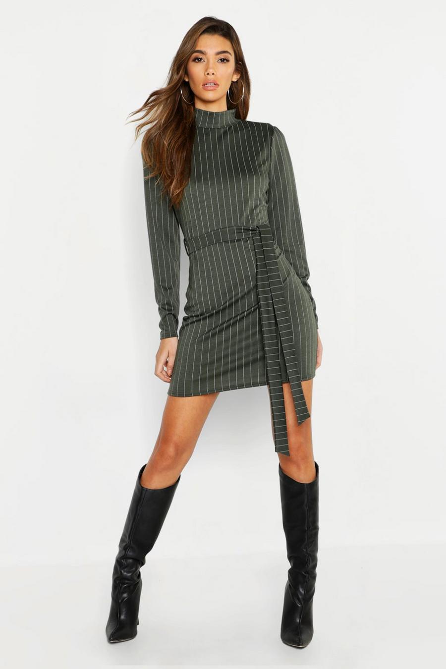 High Neck Long Sleeve Pinstripe Belted Mini Dress image number 1
