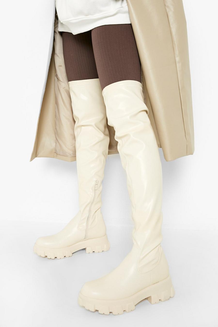Cream Chunky Sole Over The Knee Boots image number 1