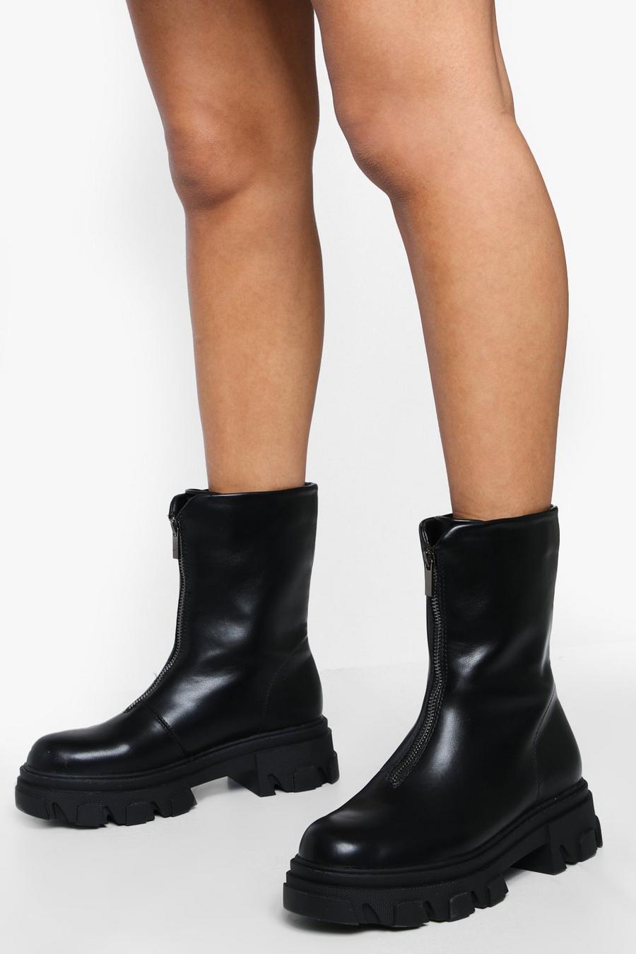 Black Zip Front Chunky Combat Boots image number 1