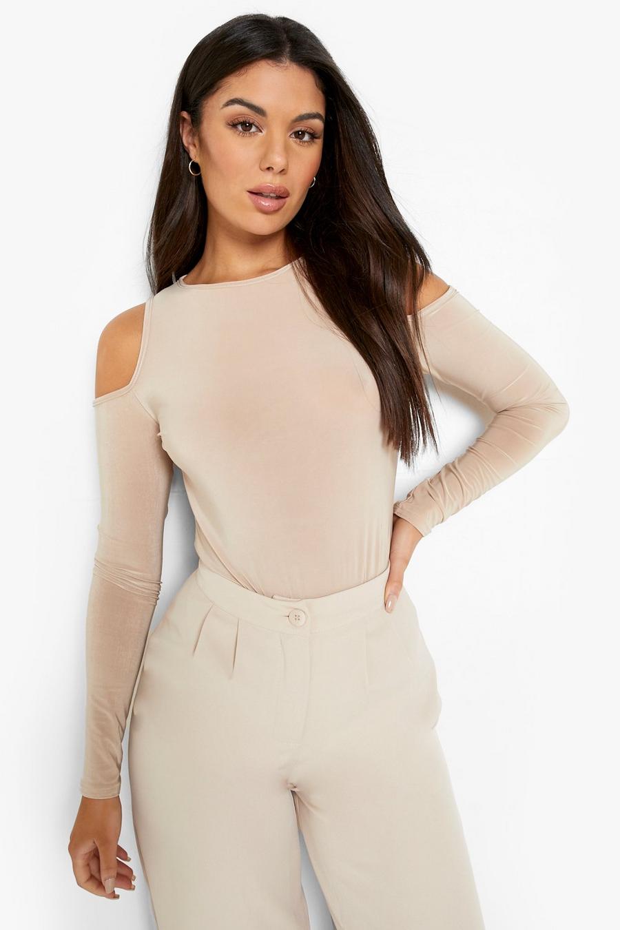 Stone Slinky Double Layer Cold Shoulder Long Sleeve Bodysuit image number 1