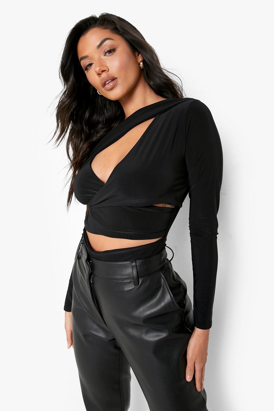 Black Double Layer Cut Out Long Sleeve Bodysuit image number 1
