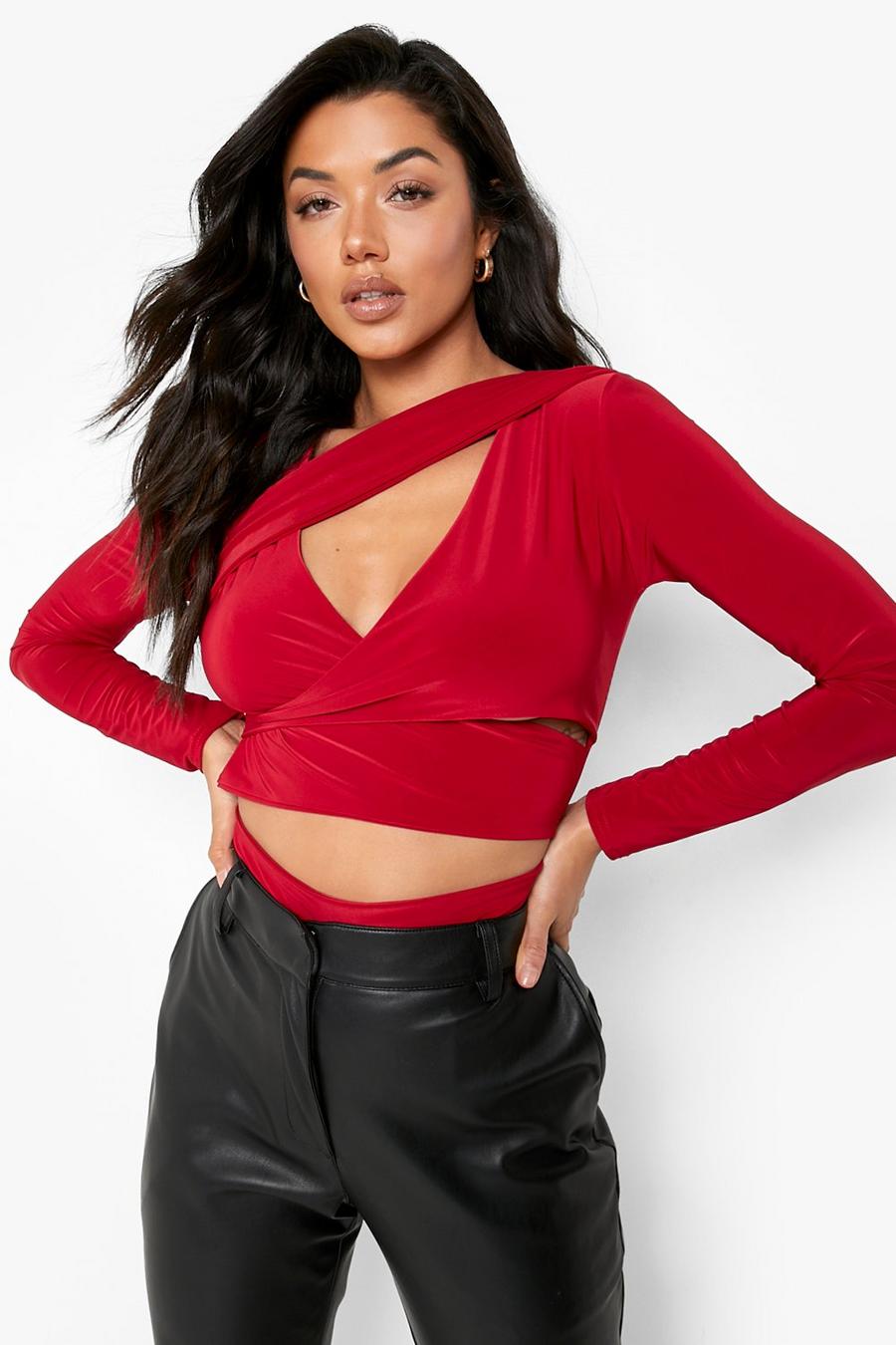Red Double Layer Cut Out Long Sleeve Bodysuit image number 1