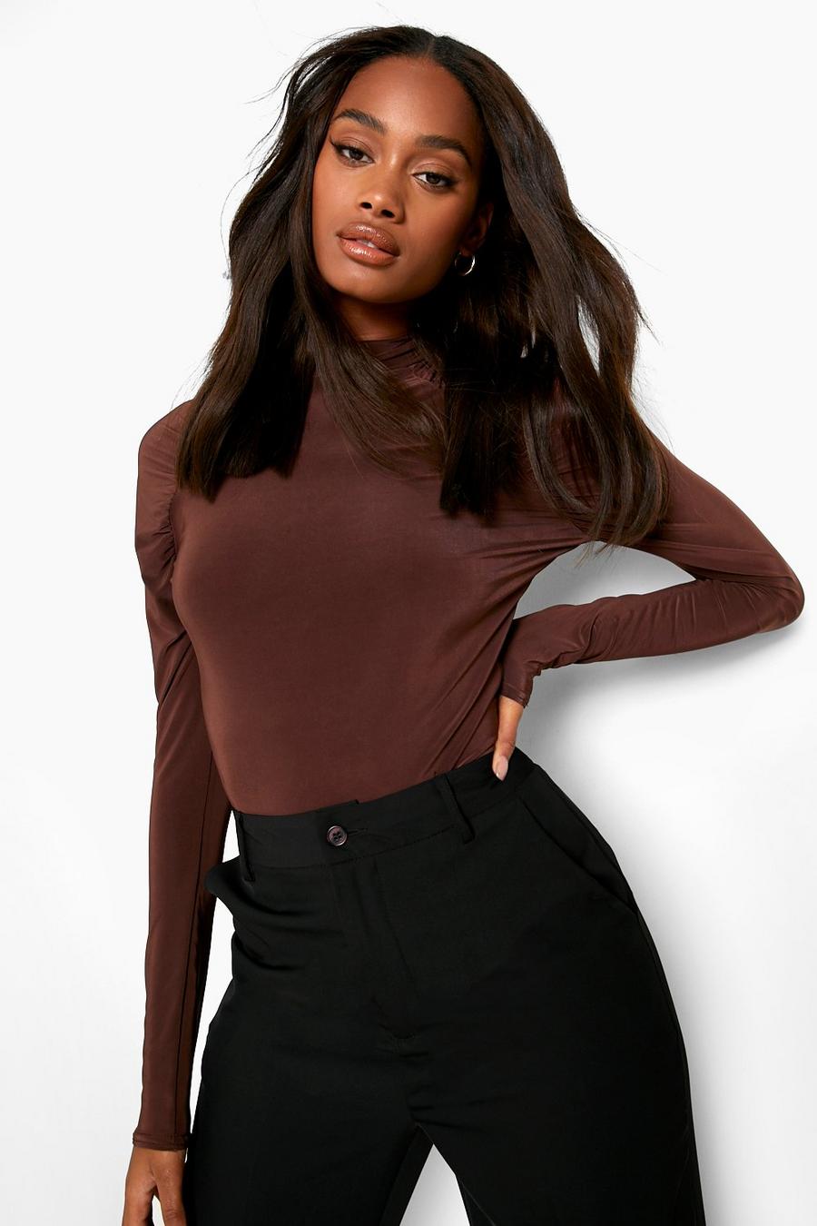Chocolate Double Layer High Neck Ruched Bodysuit  image number 1