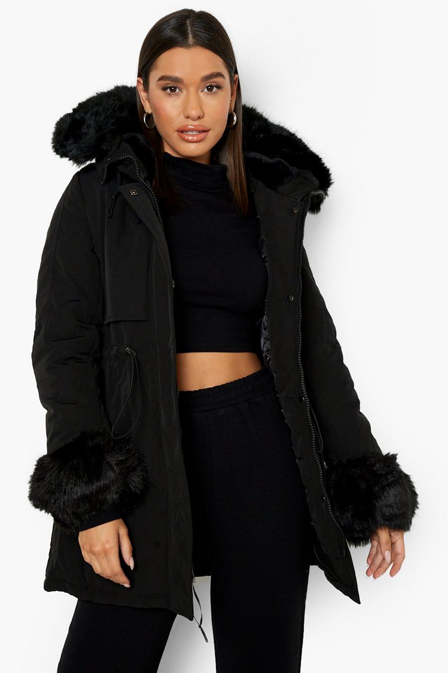 Black Hooded Faux Fur Trim Parka Coat