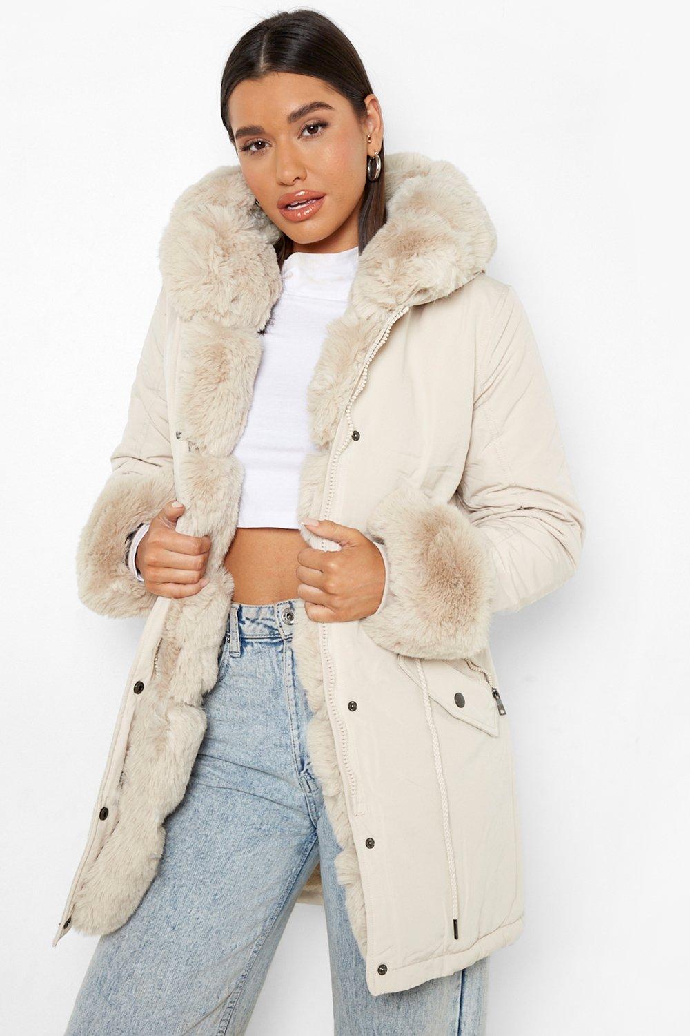 Cream faux fur lining parka coat