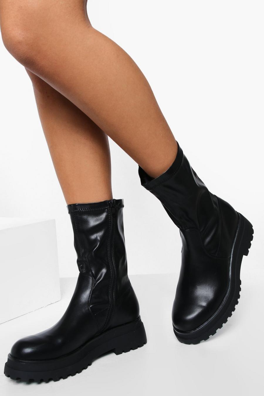Black Wide Fit Chunky Sole Sock Boots image number 1