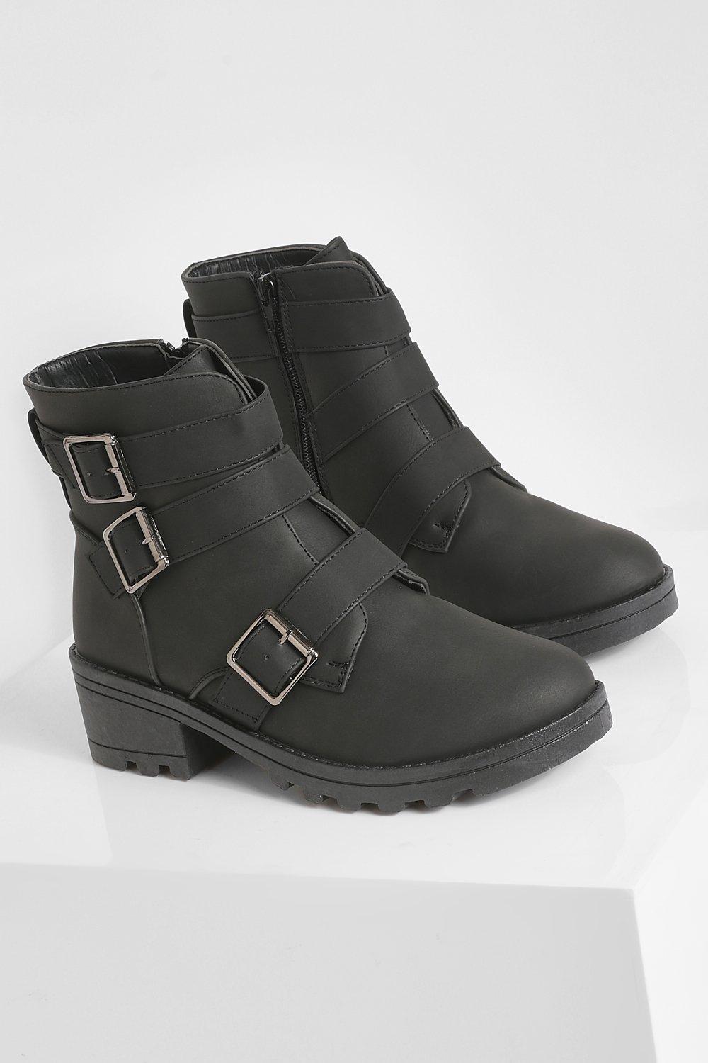 Black triple strap buckle biker boot best sale