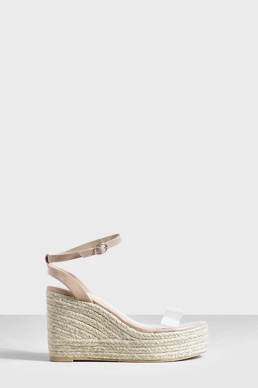 Nude color carne Clear Strap Two Part Espadrille Wedges image number 1